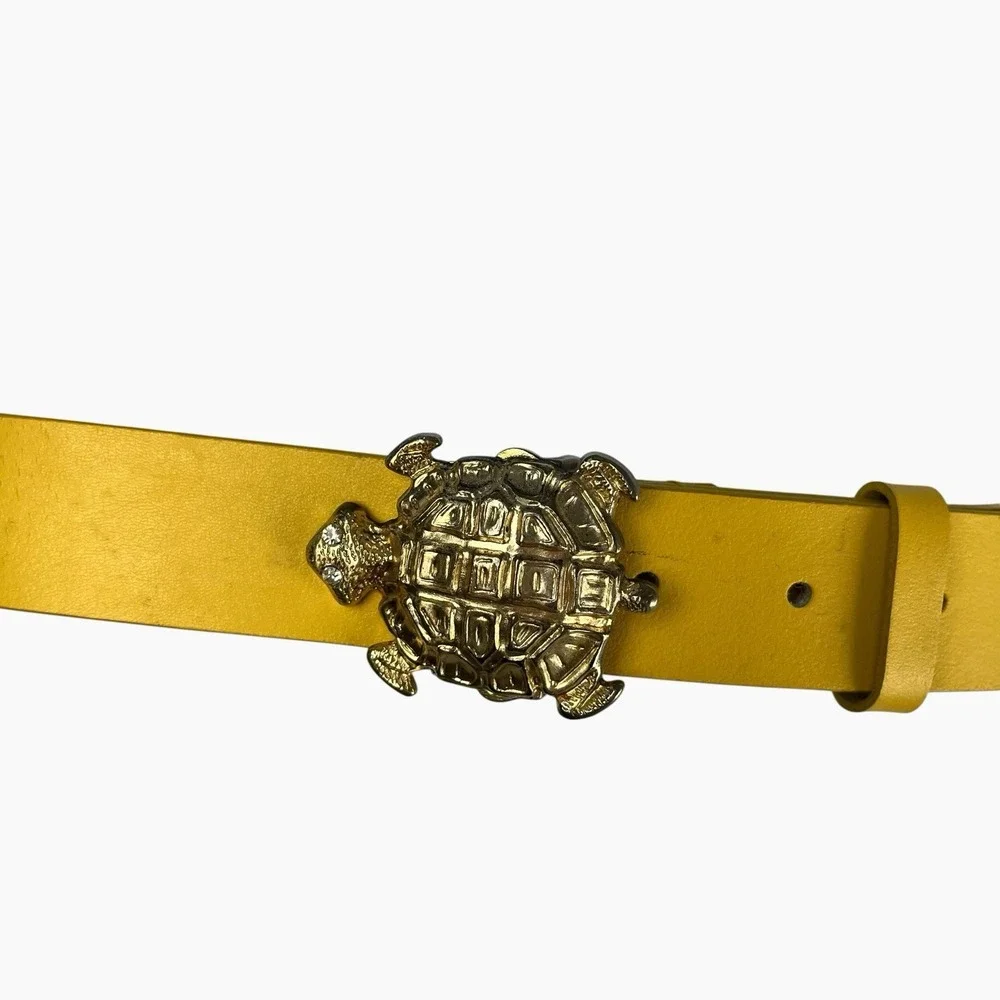 Another Line Womens Yellow Leather Belt Medium Gold Turtle Buckle Boho